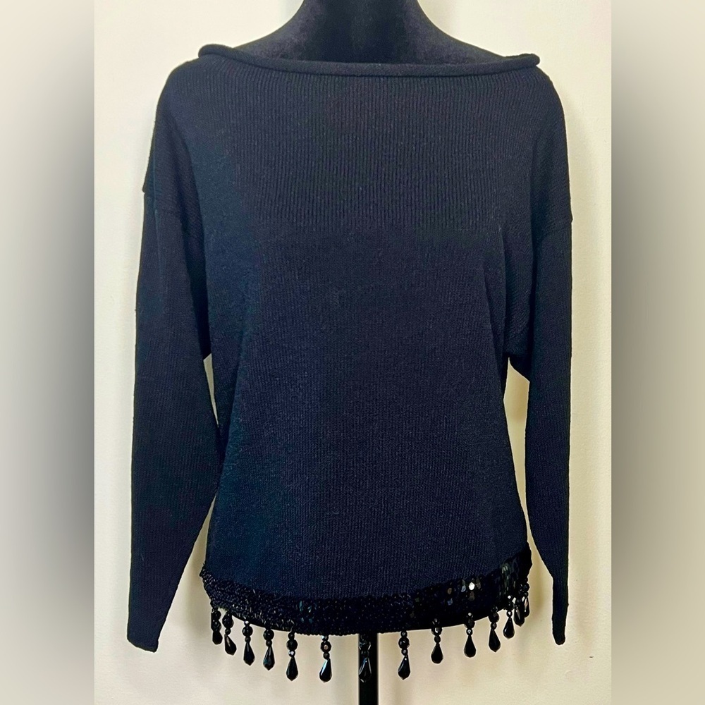 Vintage Lianee Barnes designer unique beaded sweater holiday formal Black med EC